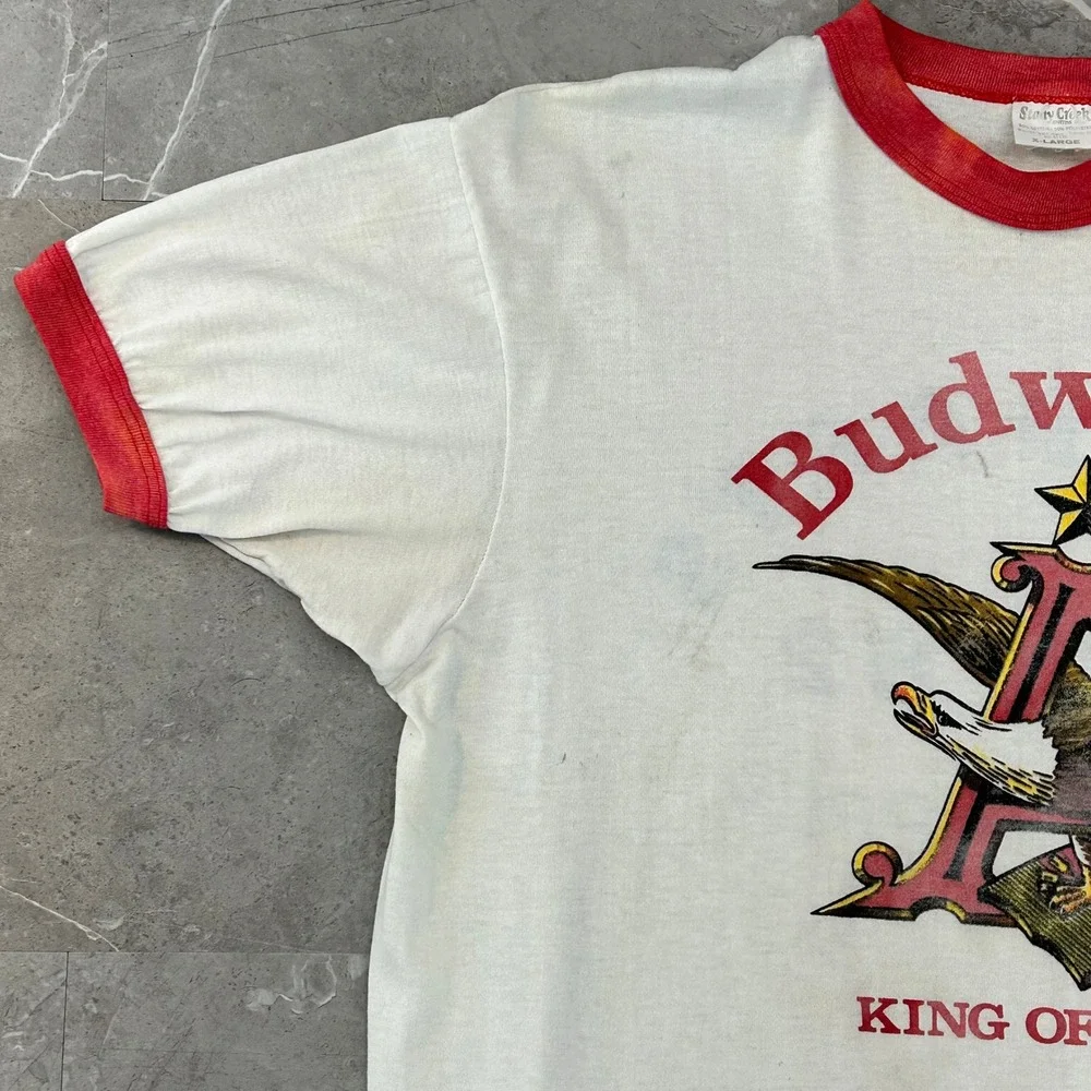 80s Vintage Budweiser Graphic Ringer Tee Mens XL Distressed King Of Beer Shirt